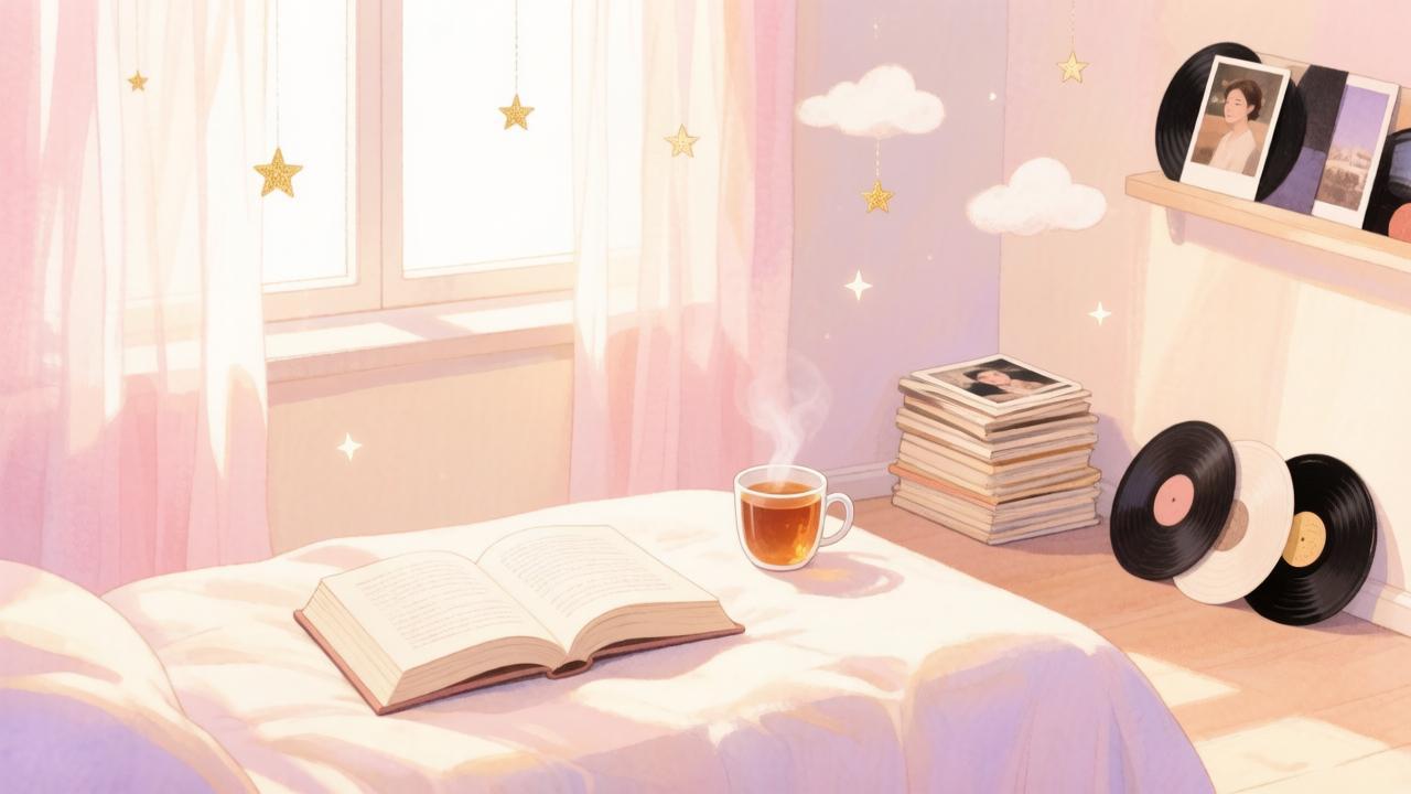 Уютное воскресное утро с книгой и чаем на кровати, старые фотографии и парящие звёзды — иллюстрация к гороскопу на выходной день